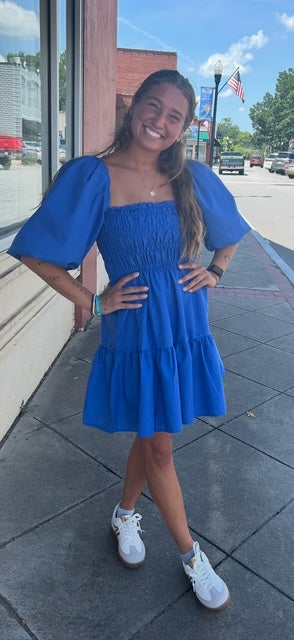 Sunshine and Blue Skies Smocked Dress with Puff Sleeves
