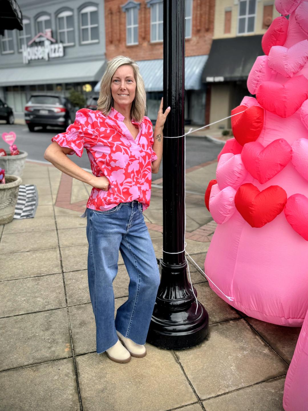 Pink Bloom Short-Sleeve Blouse