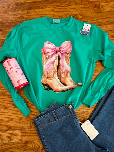 Country Chic Bow and Boots Long Sleeve Shirt