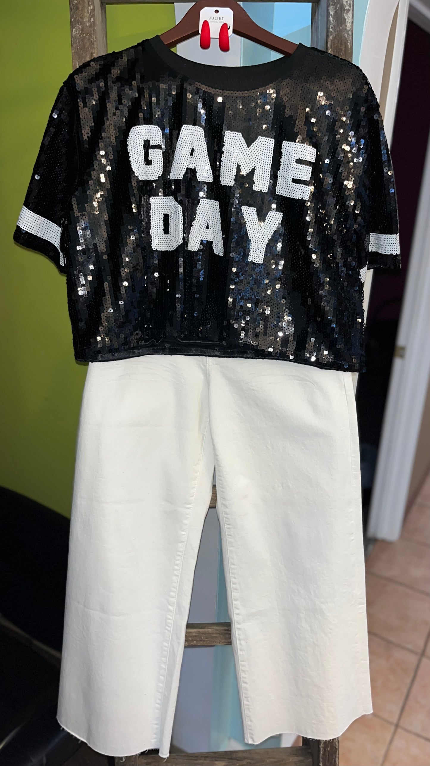 Black Sequence "Game Day" Crop Top