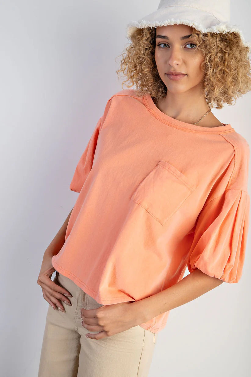 Easel Fanta Cotton Jersey Knit Bubble Sleeve Top