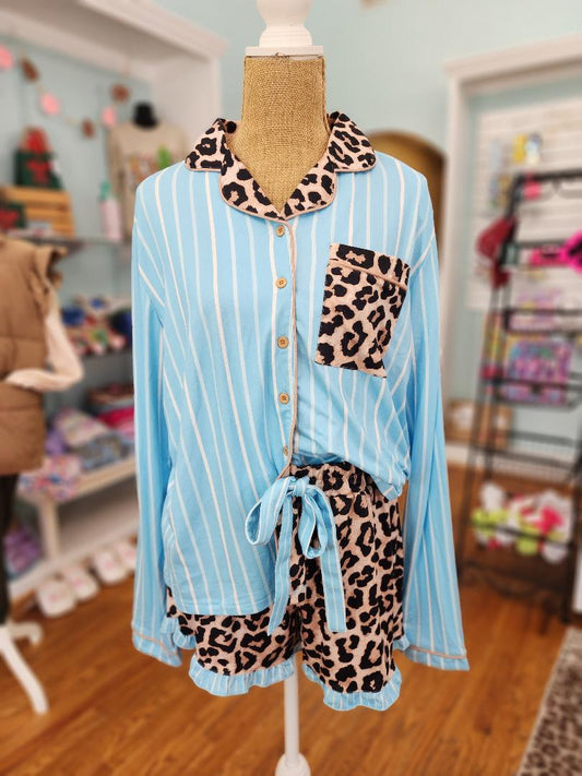 Sky Blue Leopard Lounge Pajama Set