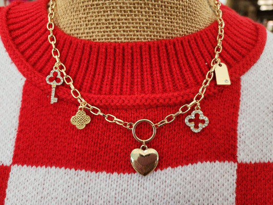 Golden Heart & Charm Chain Necklace